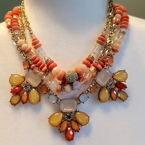 Multi-Strand Necklace Peach Pink Beads Clear Rhinestones Gold Tone Signed INC